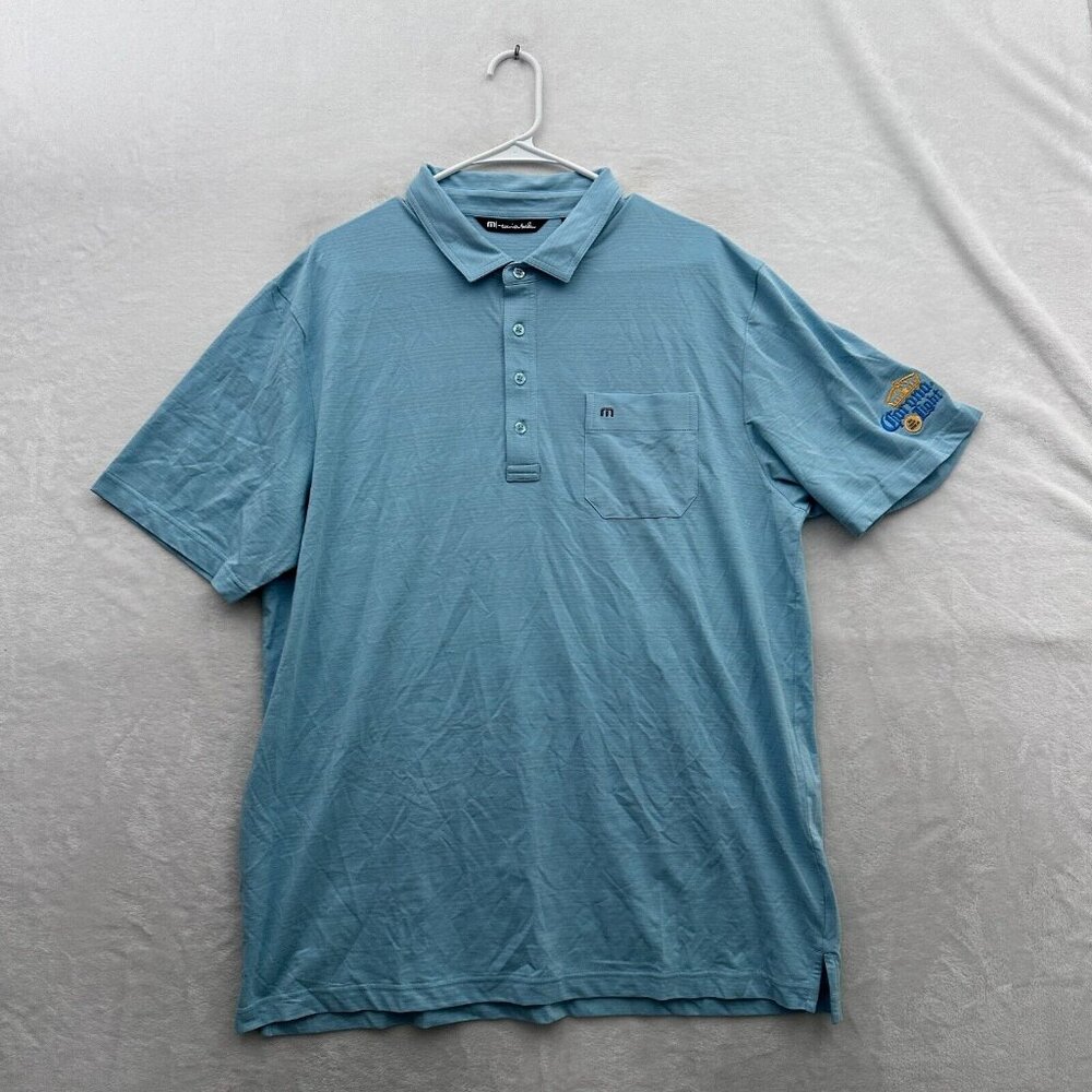 Travis Mathew Shirt Mens XL Blue Polo Golf Performance Preppy Casual Corona Beer